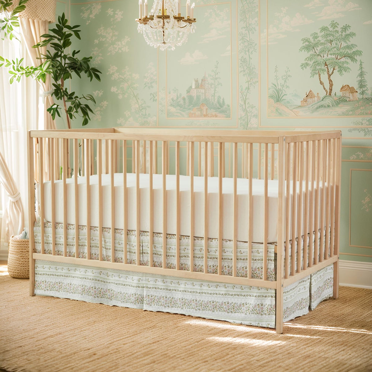 Floral Stripe Cotton Crib Bed Skirt Pleated Dust Ruffle for Baby Girls Boys Toddler Bedskirt Nursery Standard Crib