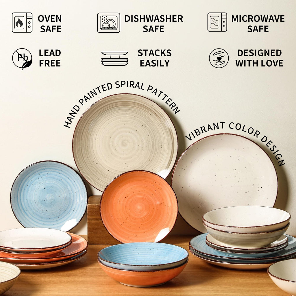 Dinnerware Sets for 6, 18 Piece Stoneware Plates and Bowls Set, Blue