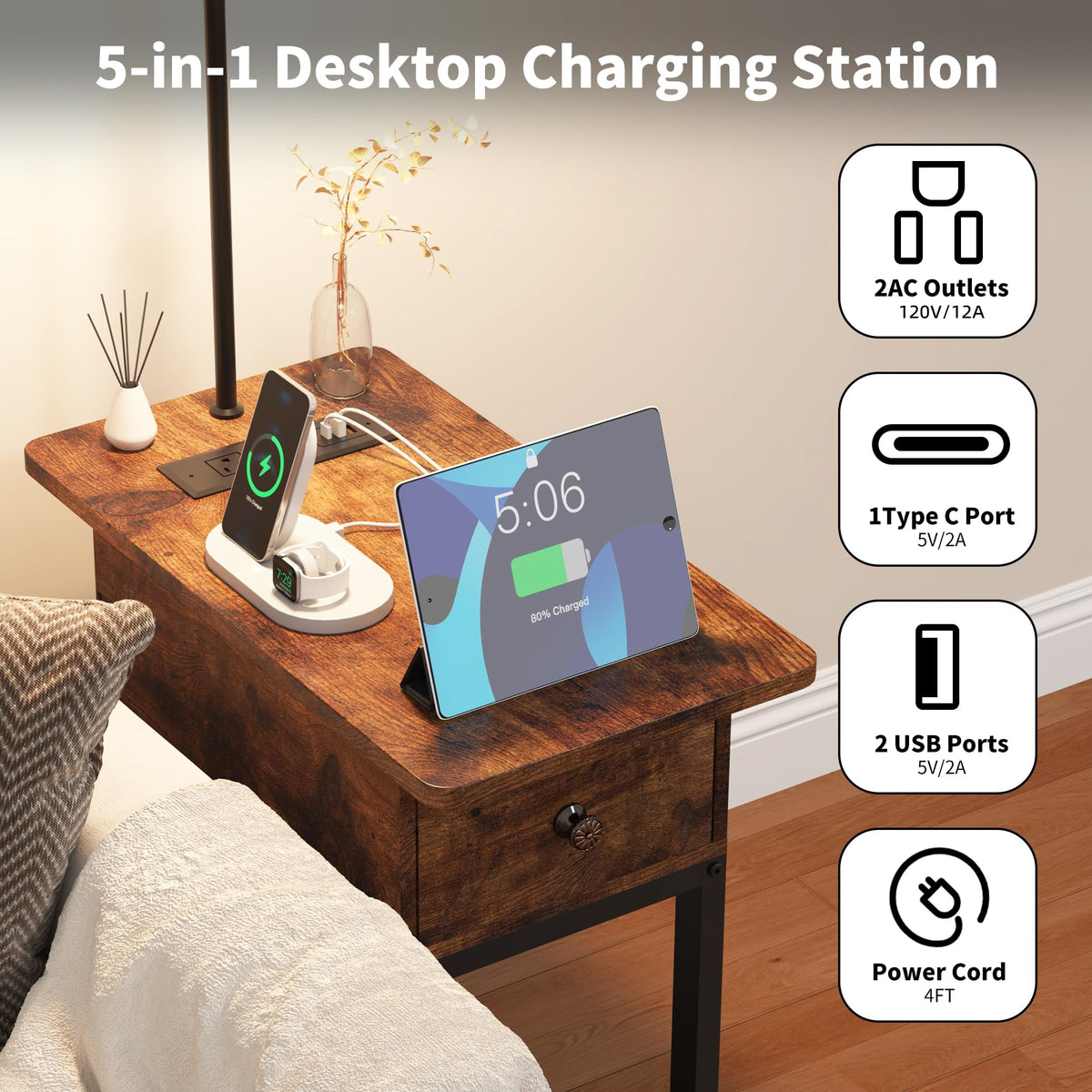 Floor Lamp with Table, Narrow Side Table with Charging Station