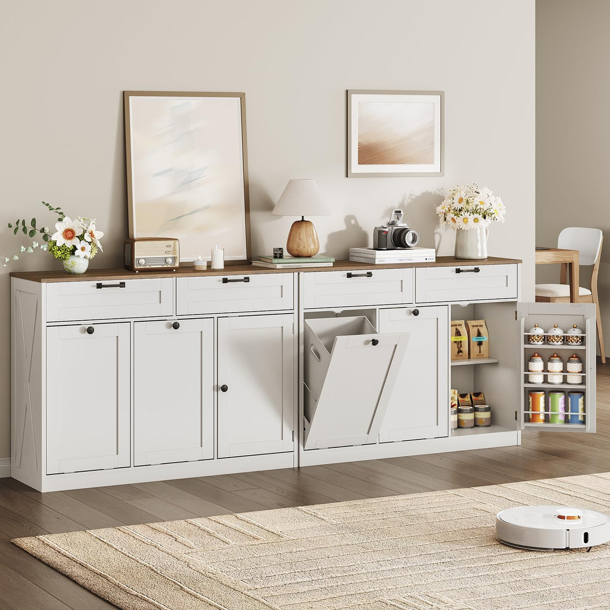 Double Tilt Out Laundry Hamper Cabinet, 43.3" Laundry Cabinet with 2 Removable Baskets, Farmhouse Wooden Hidden Trash
