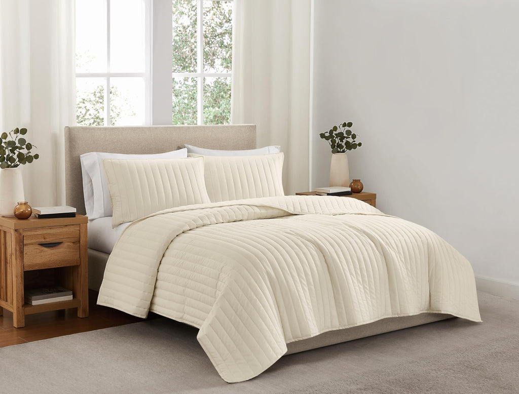 Solid Cotton Percale Chalk 3 Piece Quilt Set