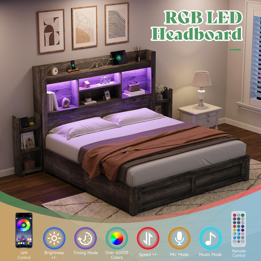 Bed Frame with Bookcase Headboard & Storage, Rustic Grey