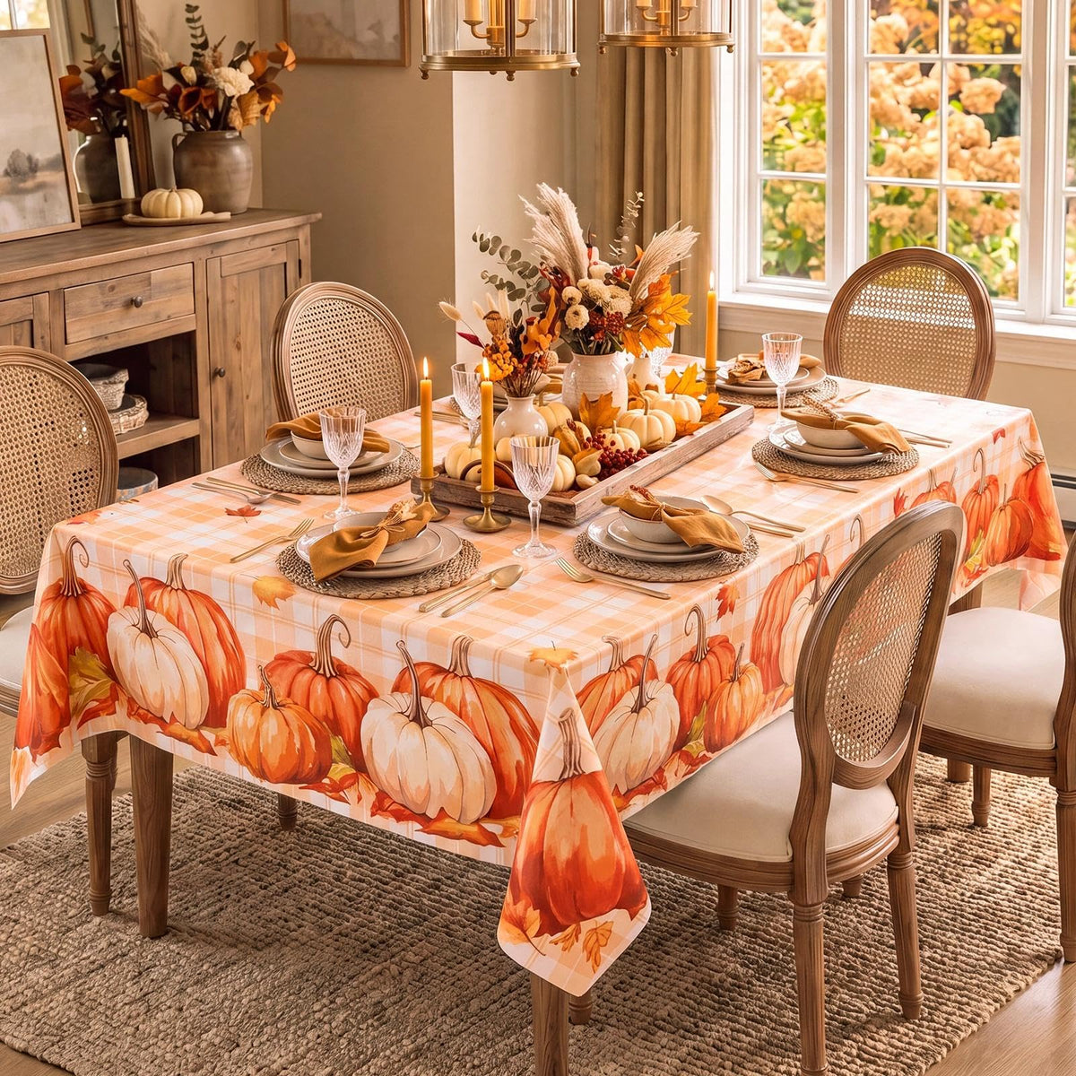 Fall Gingham Vinyl Tablecloth, Rectangle 54 x 78, Orange