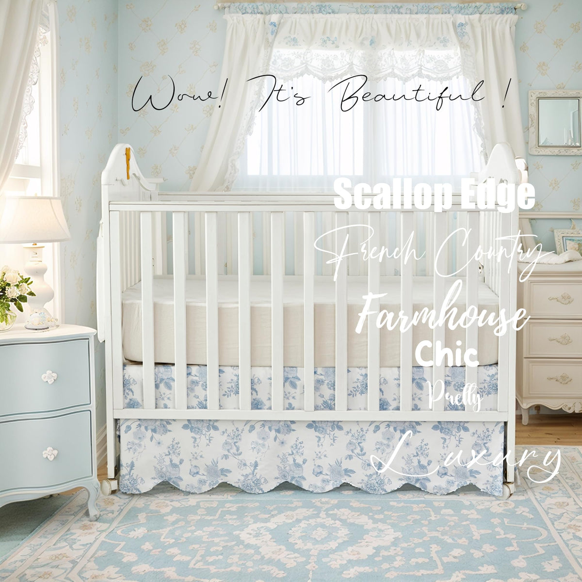 Scallop Edge Cotton Crib Skirt, Baby Girl, French Country Blue Toile Crib Skirt Toddler Bedskirt Farmhouse Chic