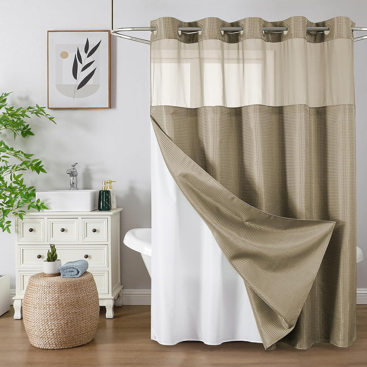 Beige No Hook Waffle Shower Curtain Set, 72" W x 75" L | Snap-In Fabric Liner, Mesh Top Window, Heavy-Duty Waffle