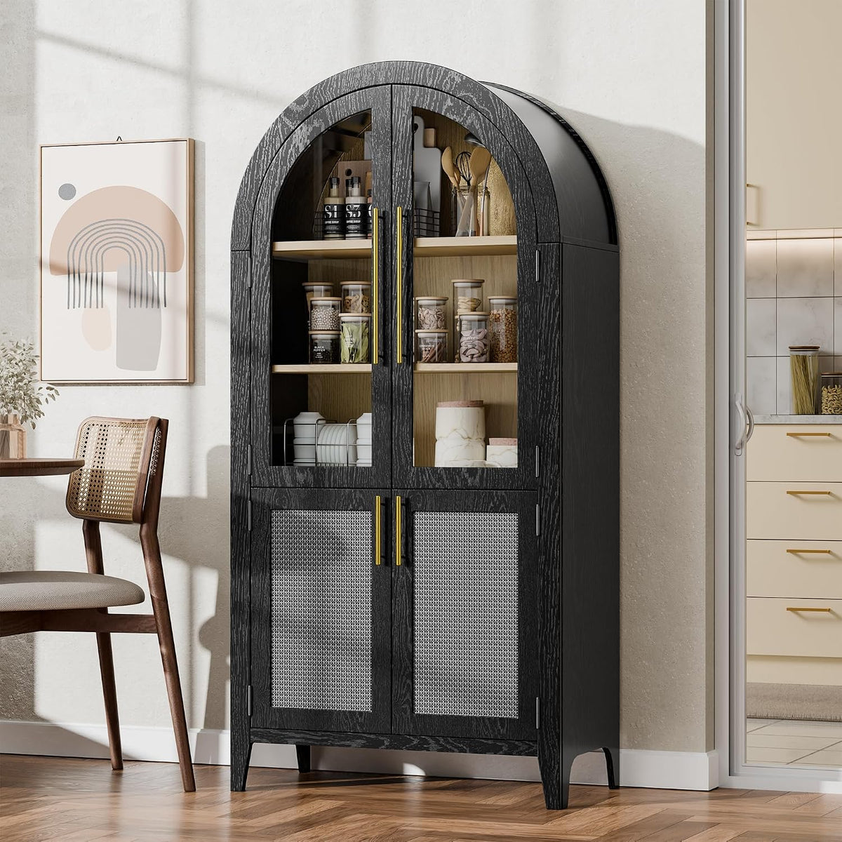 63" Tall Arched Cabinet with Glass Doors, Kitchen Pantry Storage Cabinet with Dust-Proof Rattan, 5-Tier Curio China