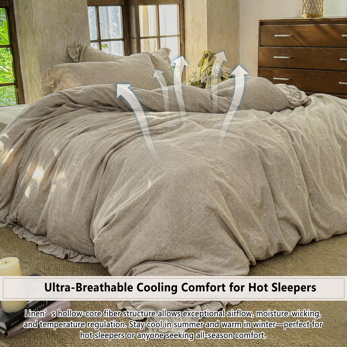 100% French Flax Linen Ruffled Duvet Cover Set, Linen