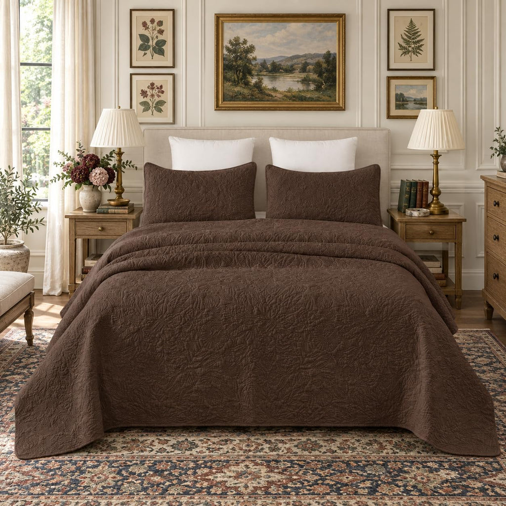 Brown Botanical Cotton Quilt Set Queen Floral Stitched Quilts 3PC
