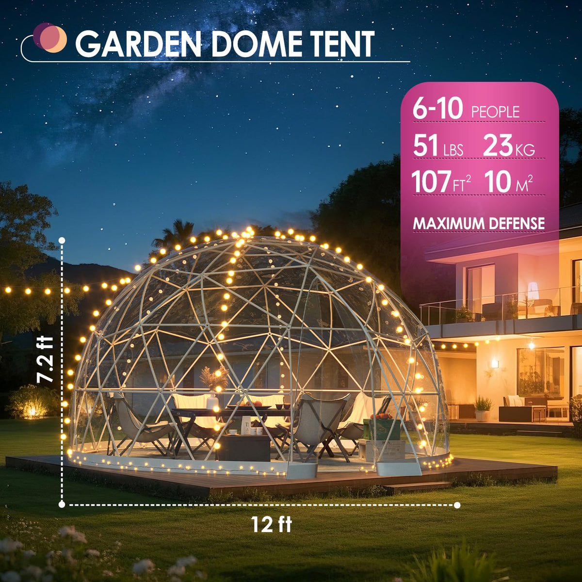 Upgraded 12FT Garden Dome Tent, Outdoor Clear Bubble Tent for 6-10 People, Geodesic Dome Greenhouse with Waterproof
