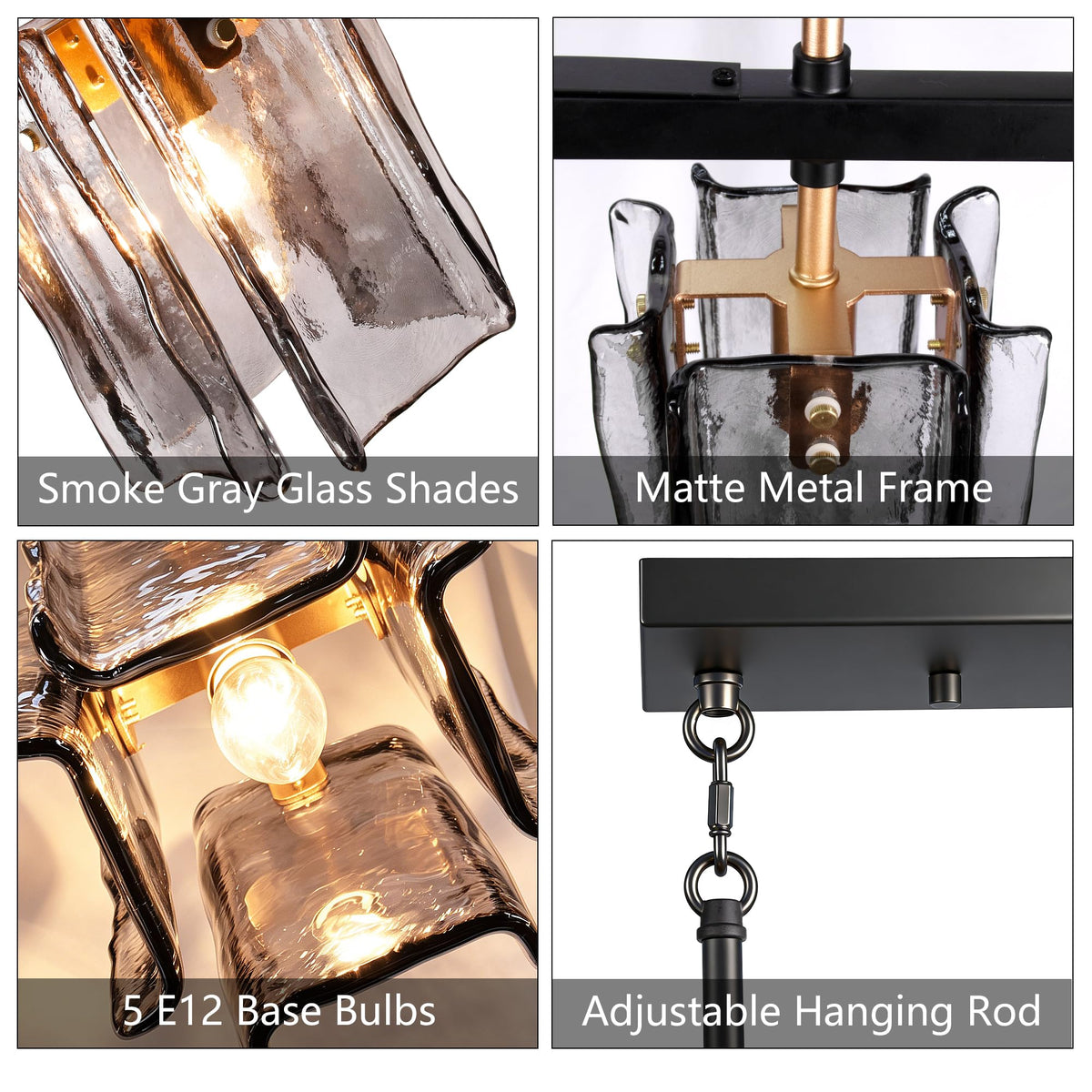 Rectangular Dining Room Light Fixture, 42" L Black and Gold Glass Linear Chandeliers Over Table, Farmhouse