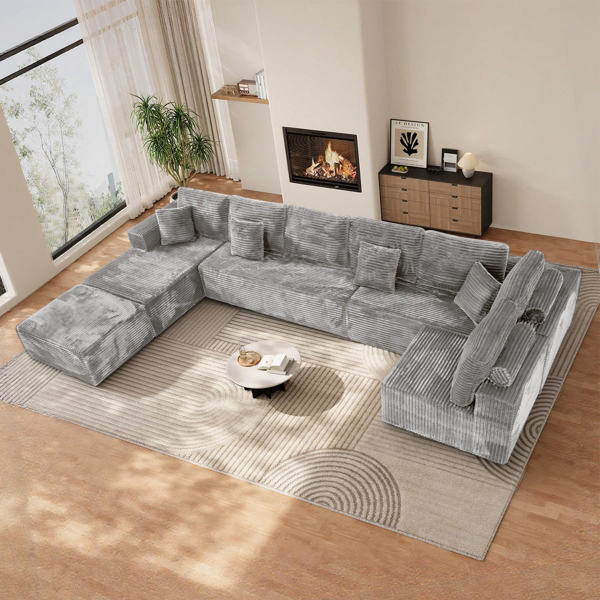 177" Modular Cloud Couch, 8 Seater Corduroy Sectional, Ottoman, Grey
