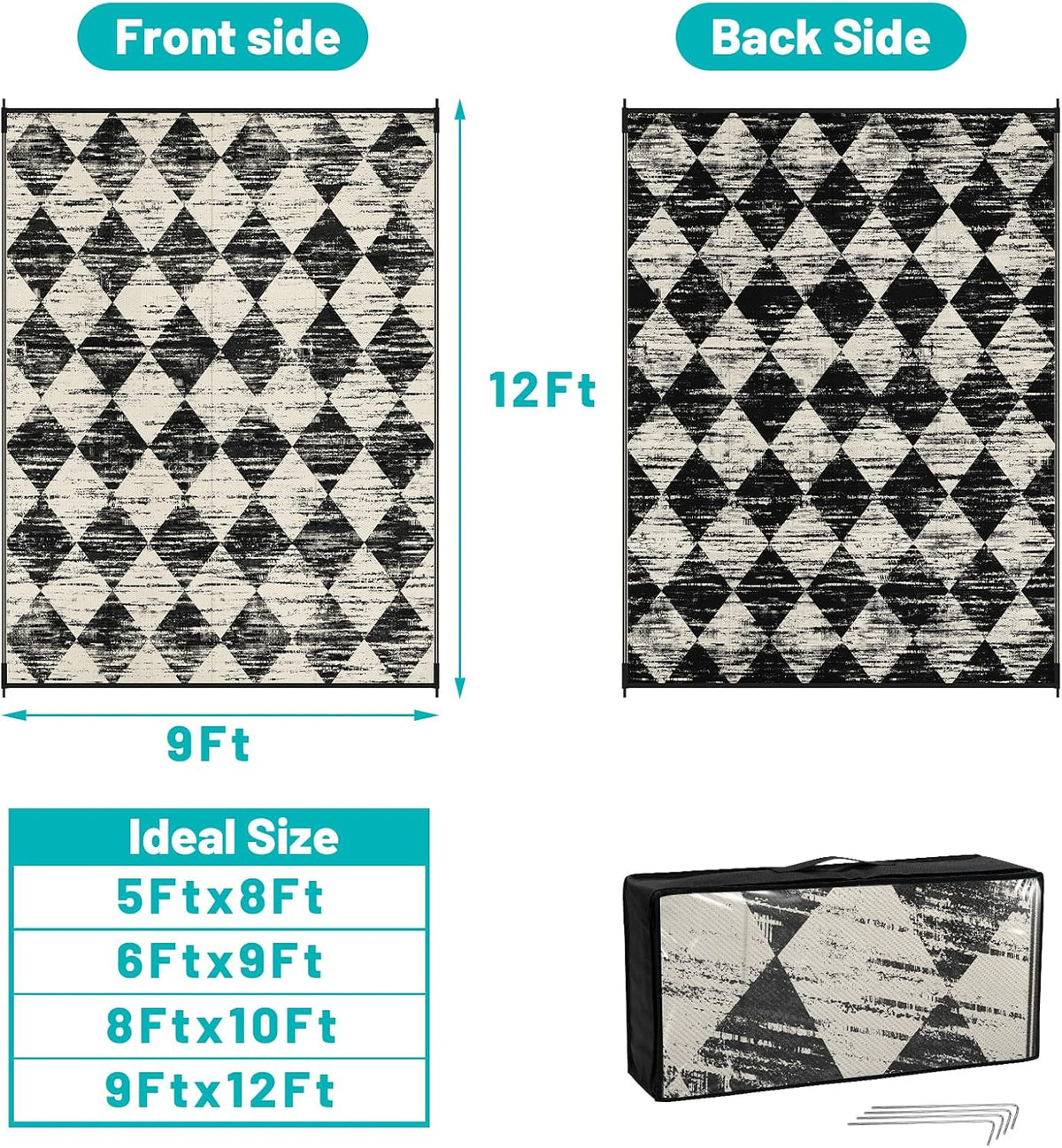 Outdoor Rug Waterproof, Checkered Reversible Plastic Patio Rug