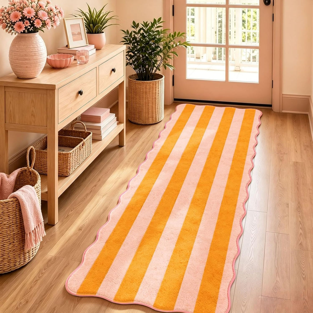Scalloped Kitchen Runner Rug, Orange Pink Stripe, 2 x 6 Ft