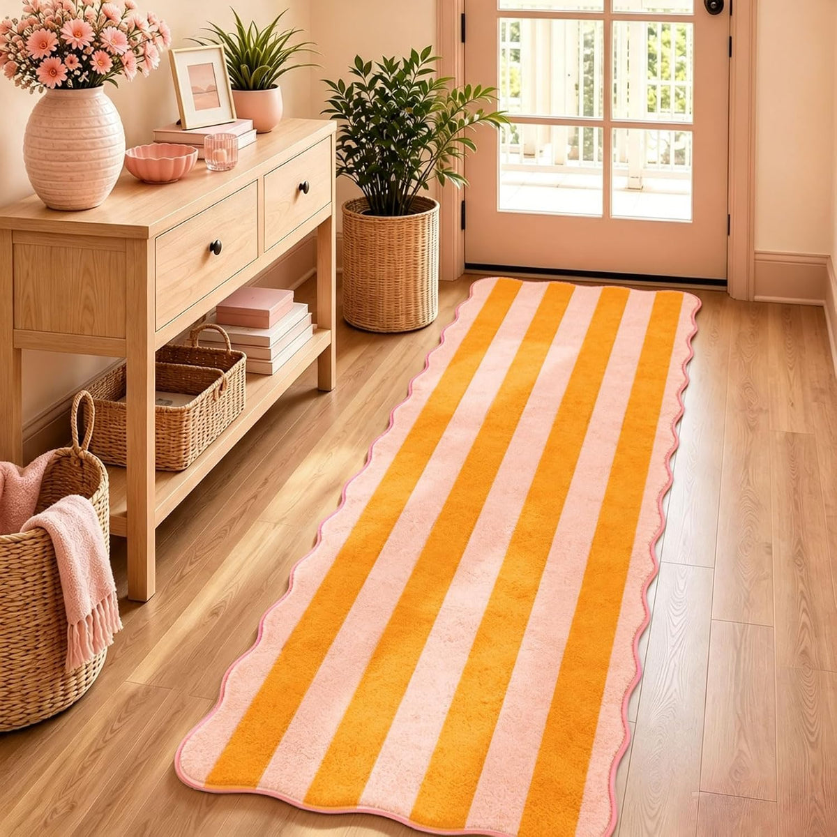 Scalloped Kitchen Runner Rug, Orange Pink Stripe, 2 x 6 Ft