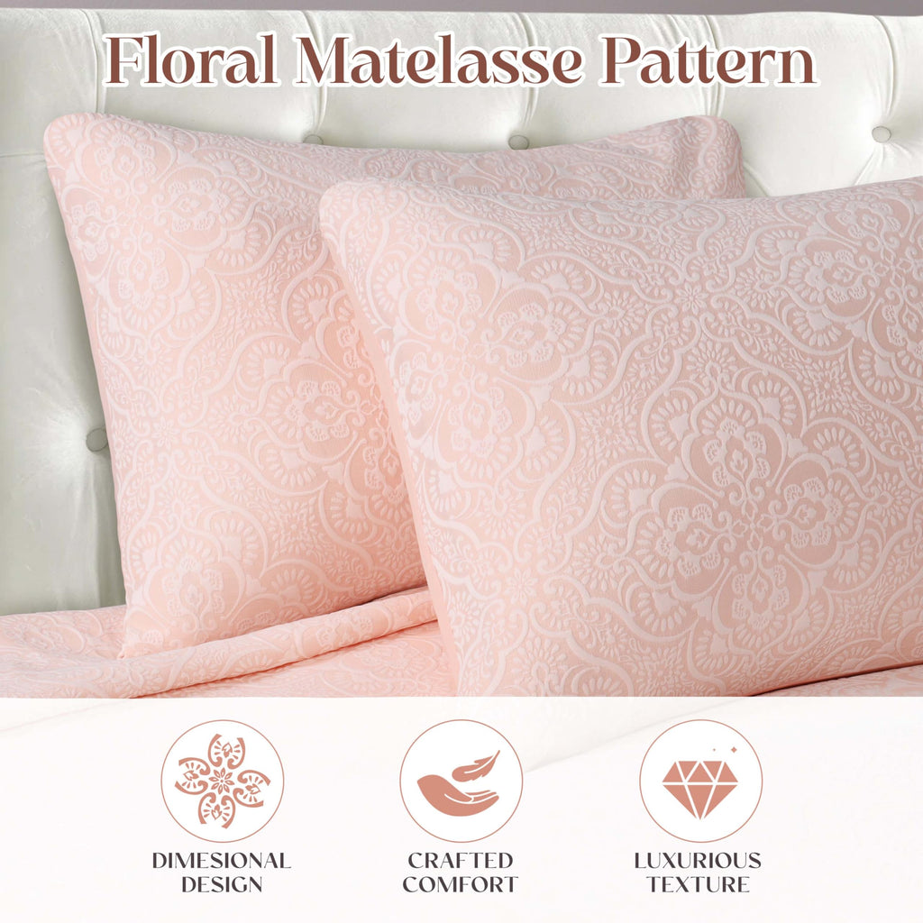3 Piece Bedspread Set, Home Bed Decor, Decorative Bed Spread, 2 Pillow Shams, Medium Weight Blanket, Floral Matelasse