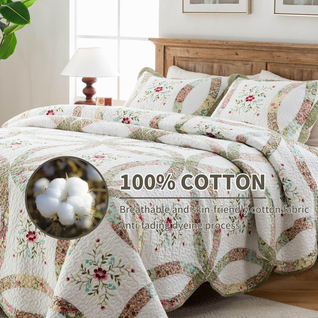 Cotton Real Patchwork Embroidery Quilt Set 3-Piece. 100% Washed Cotton. 376 Hand Cut Patches. Embroidery and Allover