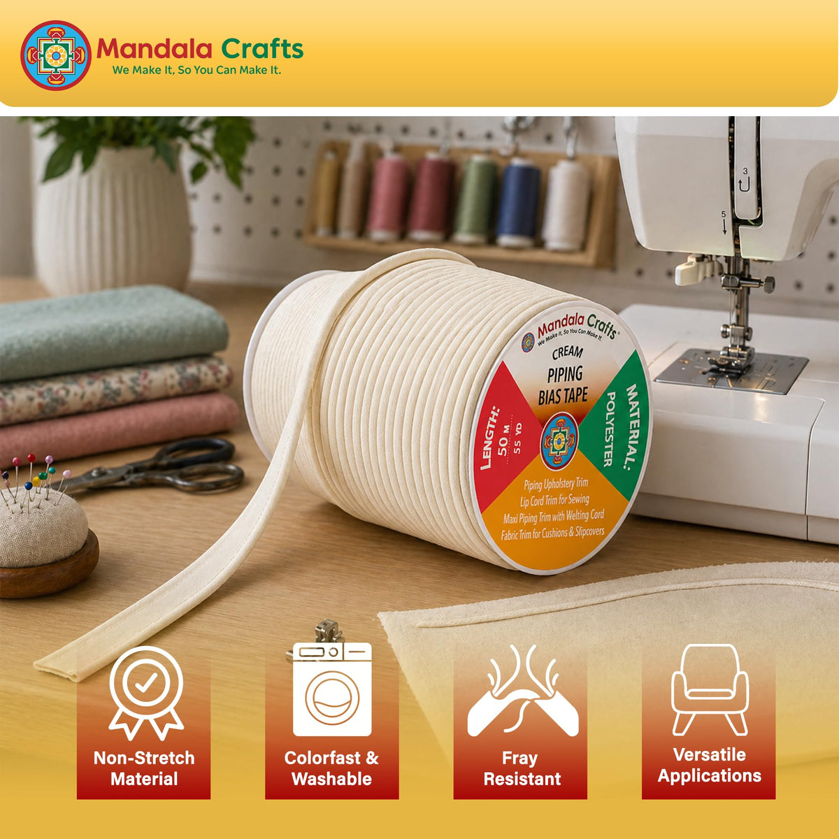 Cream Maxi Piping Bias Tape with Welting Cord for Sewing
