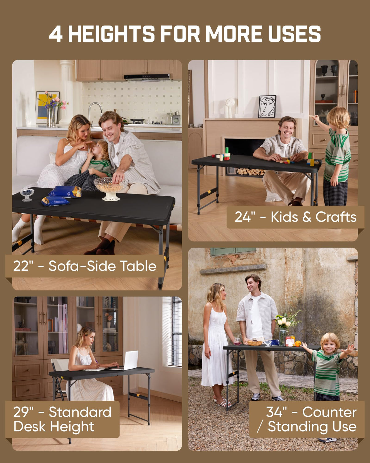 Folding Table 4 Foot Quick Adjust Portable Plastic 4 Heights