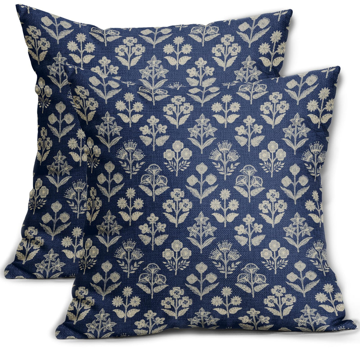 Dark Blue Floral Pillow Covers 22x22 Inch Set of 2, Vintage Flower Block Print Pattern Decorative Throw Pillowcases