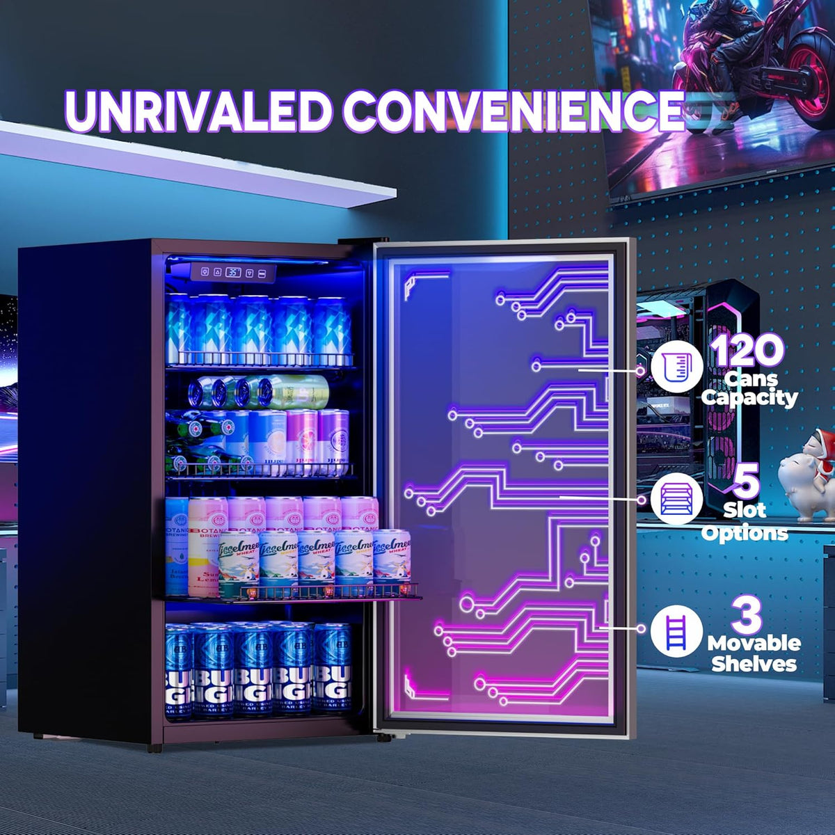 Gaming Light Up Beverage Refrigertor, Led Lighting Door 120 Cans Freestanding Beverage Fridge