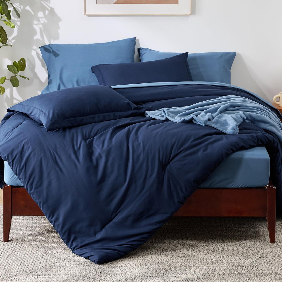 Full Comforter Set Navy Blue, 8 Pieces Prewashed Full Bed in a Bag with Soft Fleece Bed Blanket