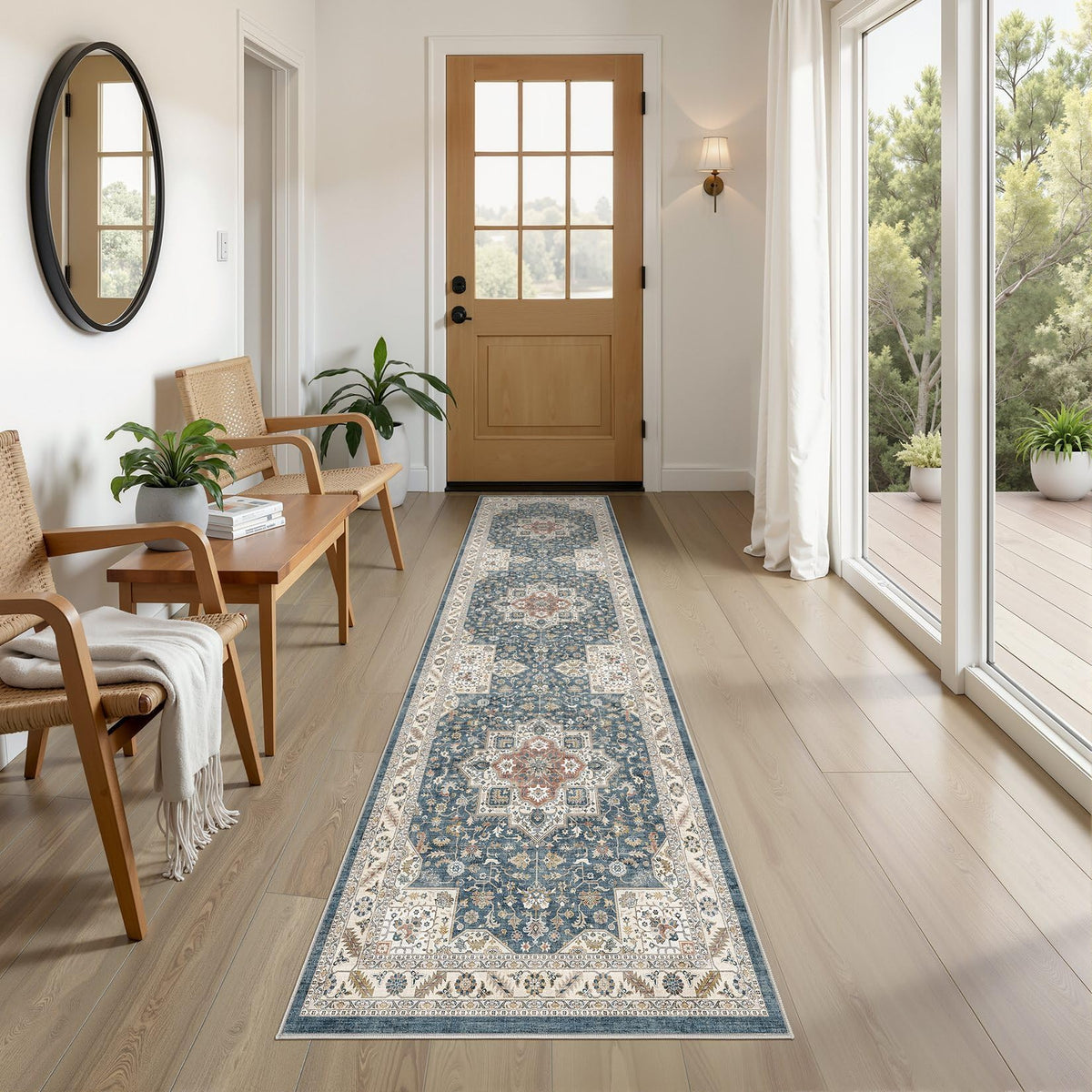 2x8 Hallway Runner Rug, Non-Slip Vintage, Vintage Blue