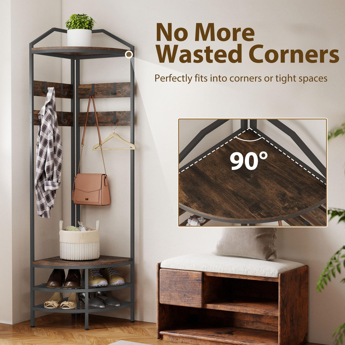 Corner Hall Tree, 4-Tier Coat Rack with Shoe Storage, Rustic Brown