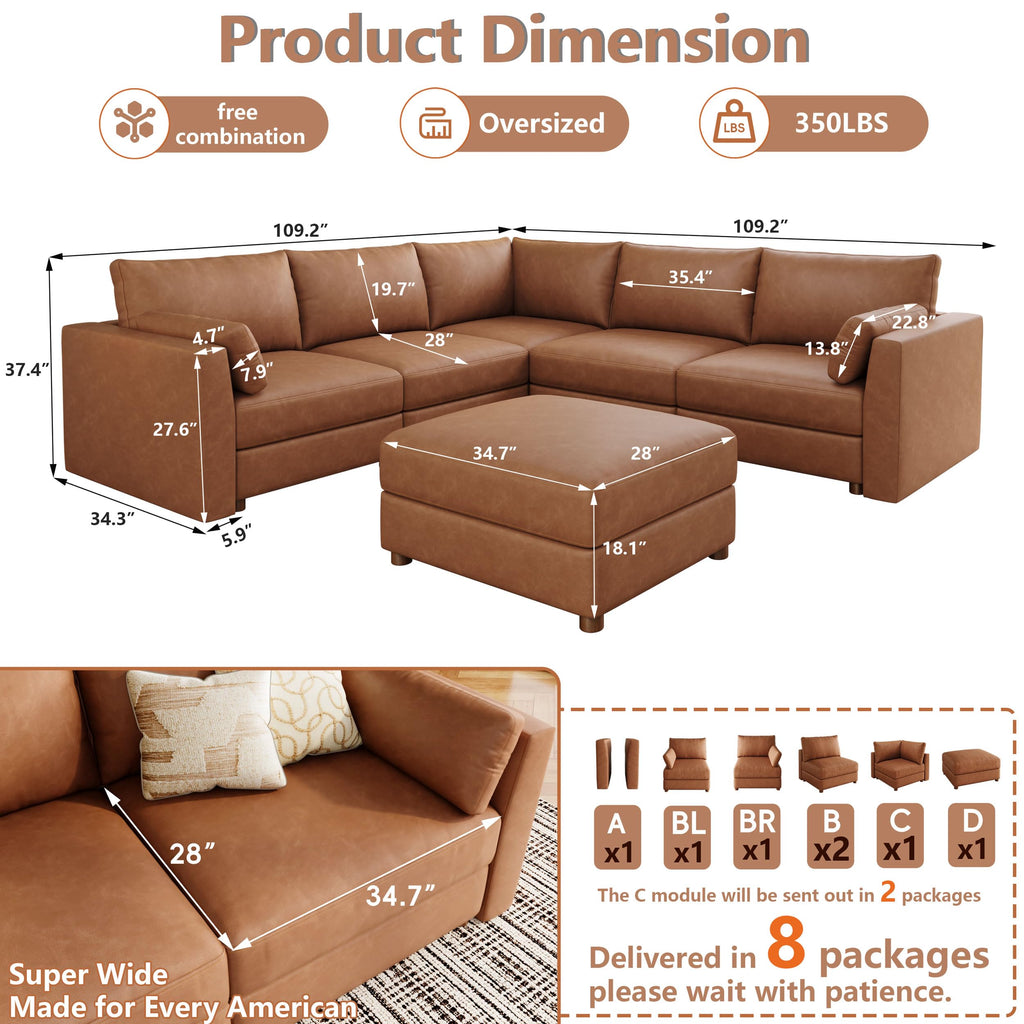 Faux Leather Modular Sectional Sofa Wide V Shaped Couches Brown