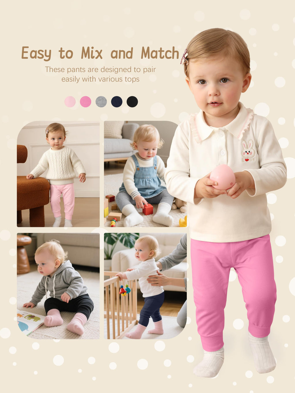 5 Pack Baby Girl Pants, Cotton Baby Leggings for Infant Newborn