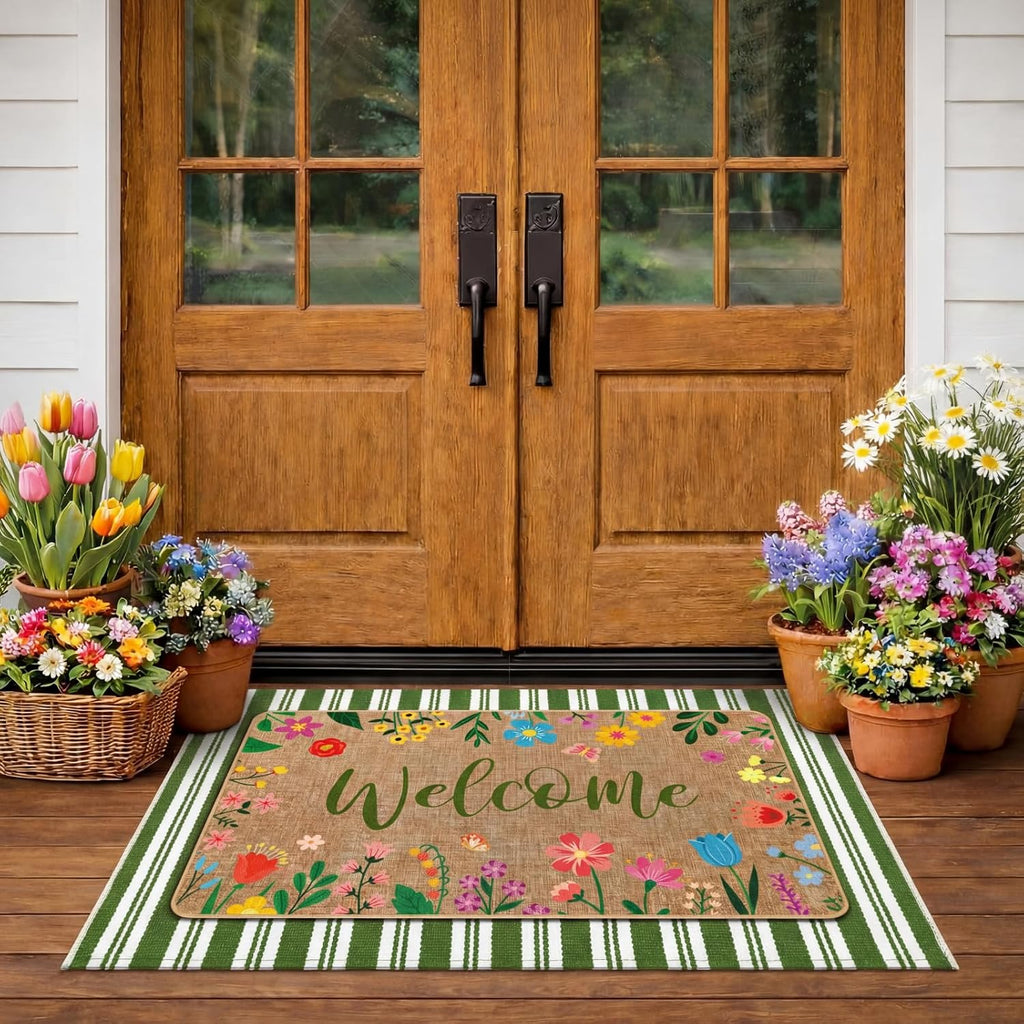 2 Pcs Summer Floral Door Mat Outdoor Wildflower Welcome Doormat for Front Door Linen Rubber Layered Flower Stripes
