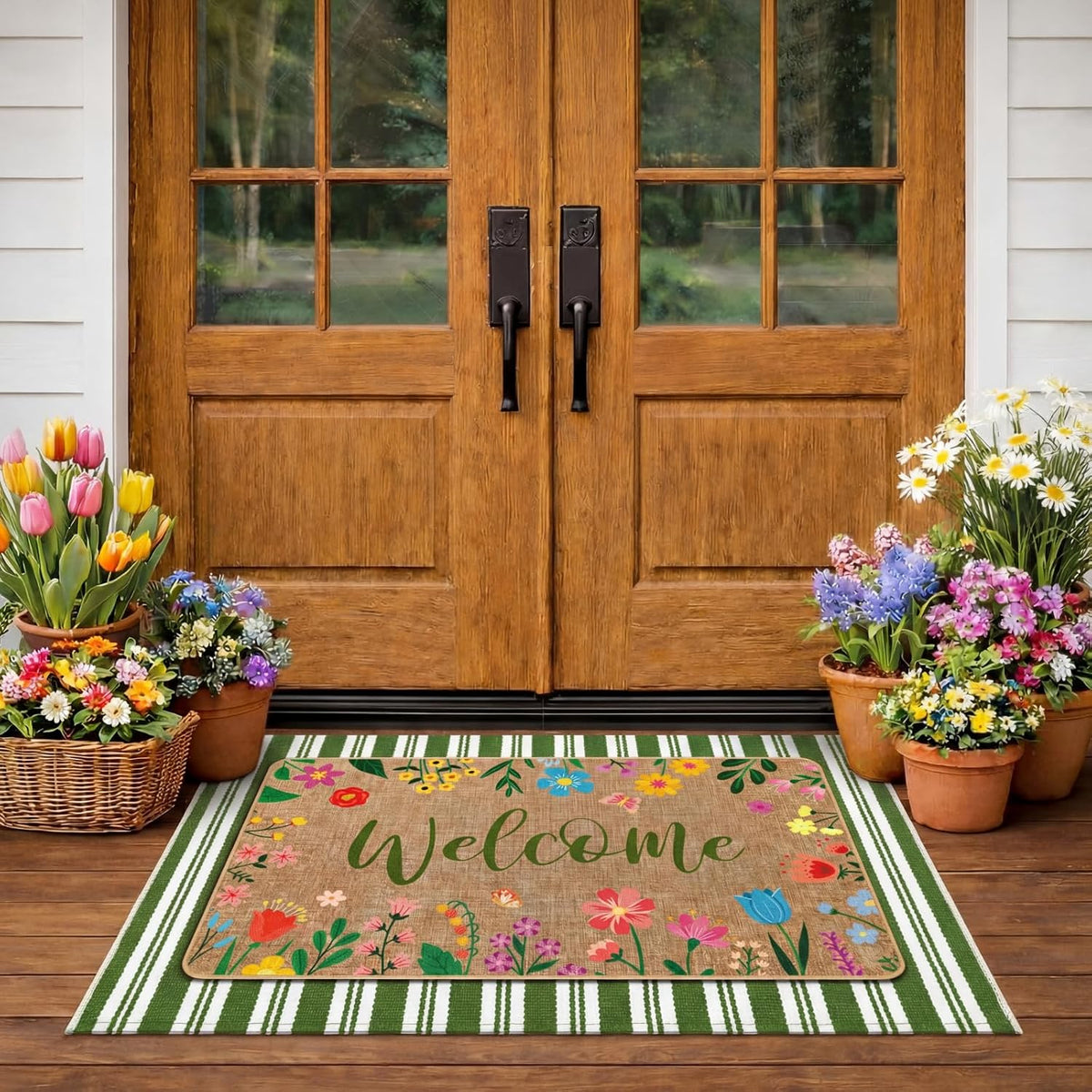 2 Pcs Summer Floral Door Mat Outdoor Wildflower Welcome Doormat for Front Door Linen Rubber Layered Flower Stripes