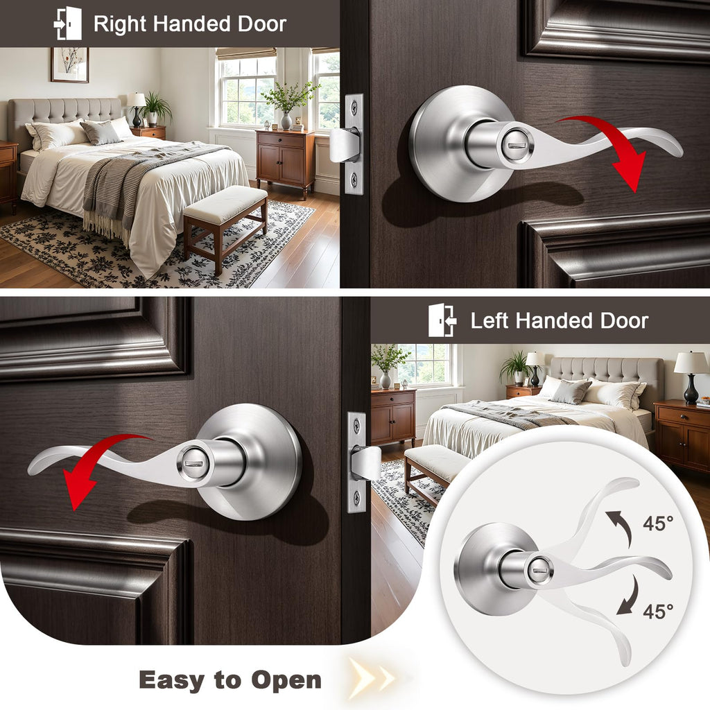 5 Pack Satin Nickel Privacy Door Lever, Modern Interior Door Knobs Locks, Heavy Duty Door Handle, Reversible Wave