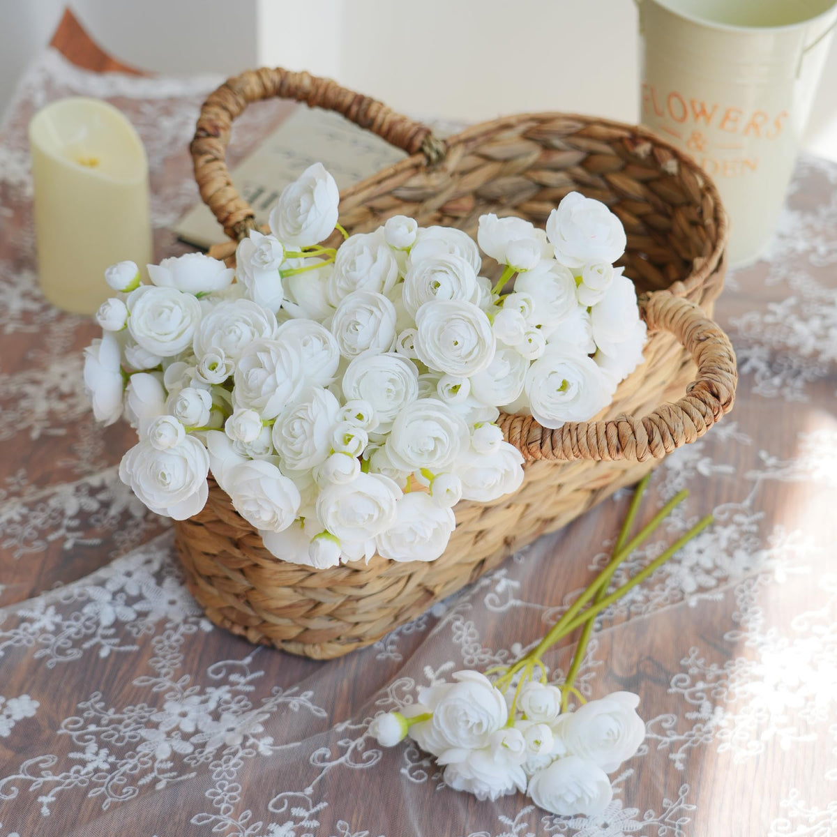 Artificial Ranunculus Flowers White Silk Flowers 18 Pcs