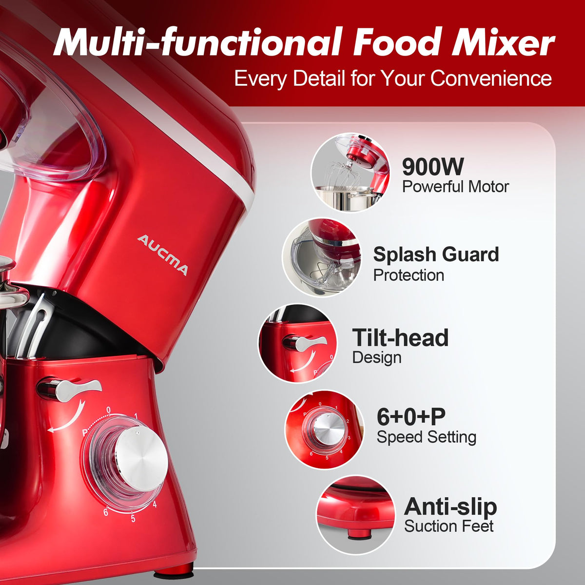 Stand Mixer, 8QT 900W 6-Speed Tilt-Head Food Mixer, Kitchen Electric Mixer with Dough Hook, Wire Whip & Beater
