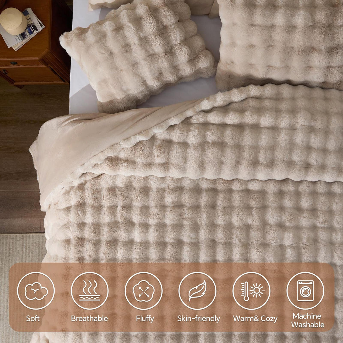 Faux Fur Comforter Set, Thick Winter Comforter, Khaki