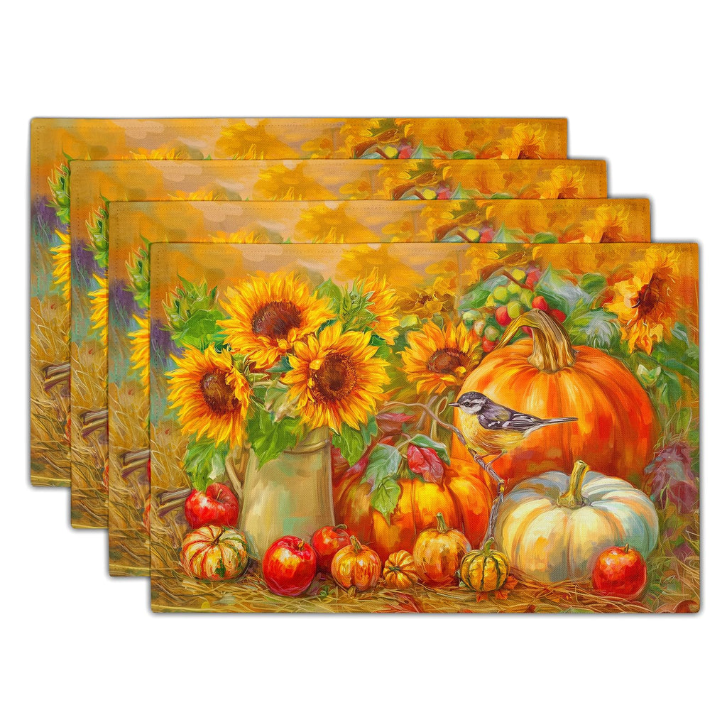 Vintage Fall Placemats, Rustic Autumn Pumpkin Sunflower Bird Table Mat, Thanksgiving Harvest Heat Stain Resistant