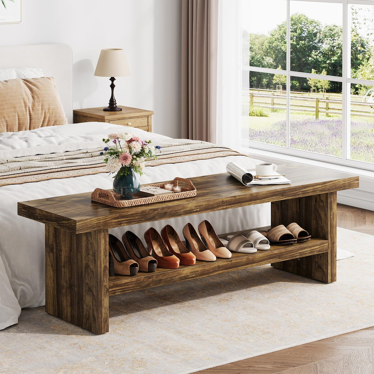47" 2-Tier Wooden Entryway Bench with Shoe Storage, Rustic Brown