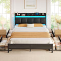 Bed Frame Queen with Charging Station and LED Lights, Upholstered Storage Headboard with Drawers