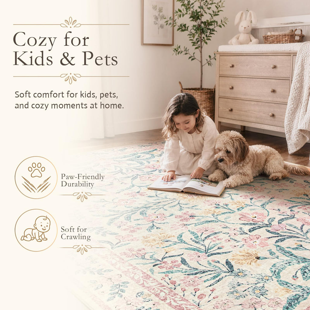Floral Washable Runner Rug, 2'6"x8' Runners s Pink Rugs Bedroom, Boho Non Slip Soft 8ft Long Carpet Bathroom Laundry