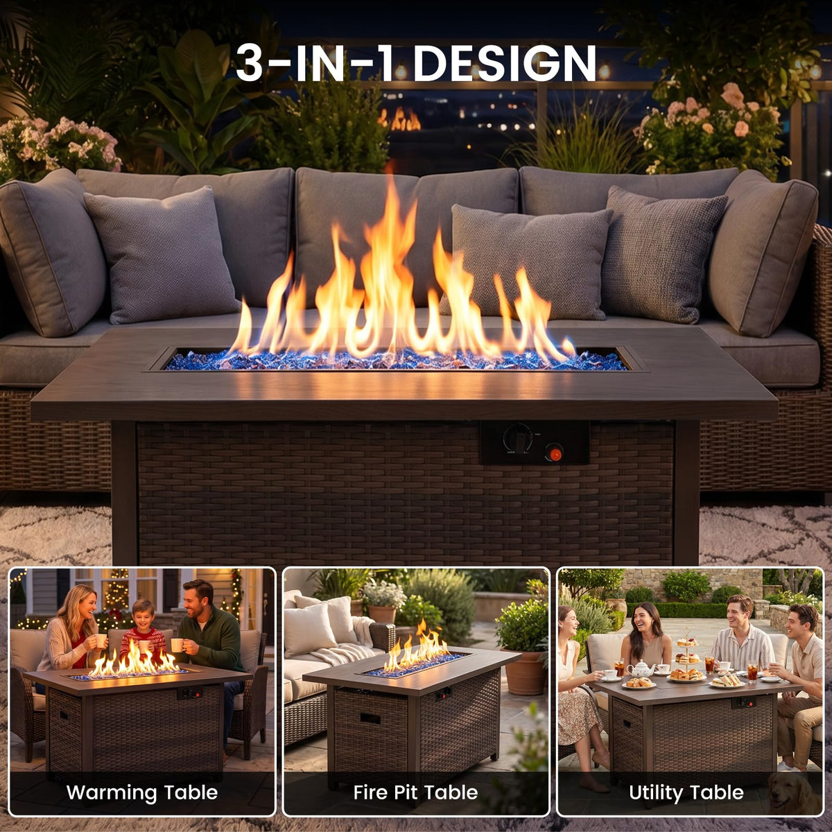 42in Propane Fire Pit 50, 000 BTU Gas Fire Pit Table Rectangle Gas, Outdoor 3-in-1 Fire Table, Yard, Balcony Rattan