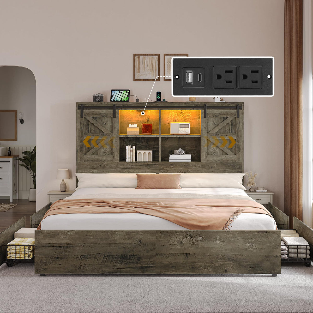 Bed Frame with Storage Bookcase Headboard & Sliding Barn Door