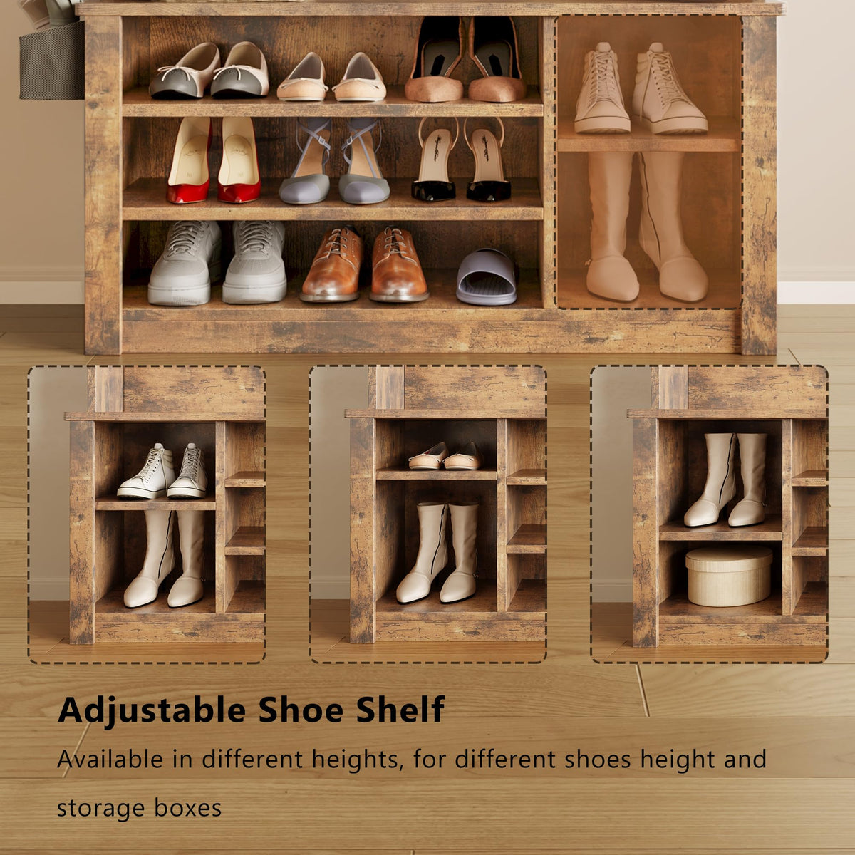 Entryway Hall Tree with Bench and Storage, Rustic Brown