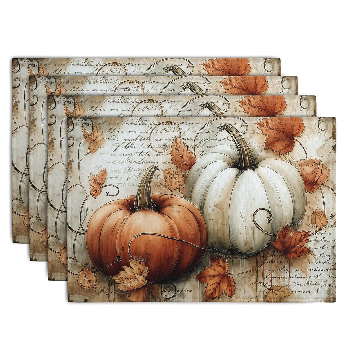 Fall Vintage Pumpkin Leaves Placemats Set of 4 Autumn Thanksgiving Harvest Linen Dinner Place Mats 12x18 Burnt Orange