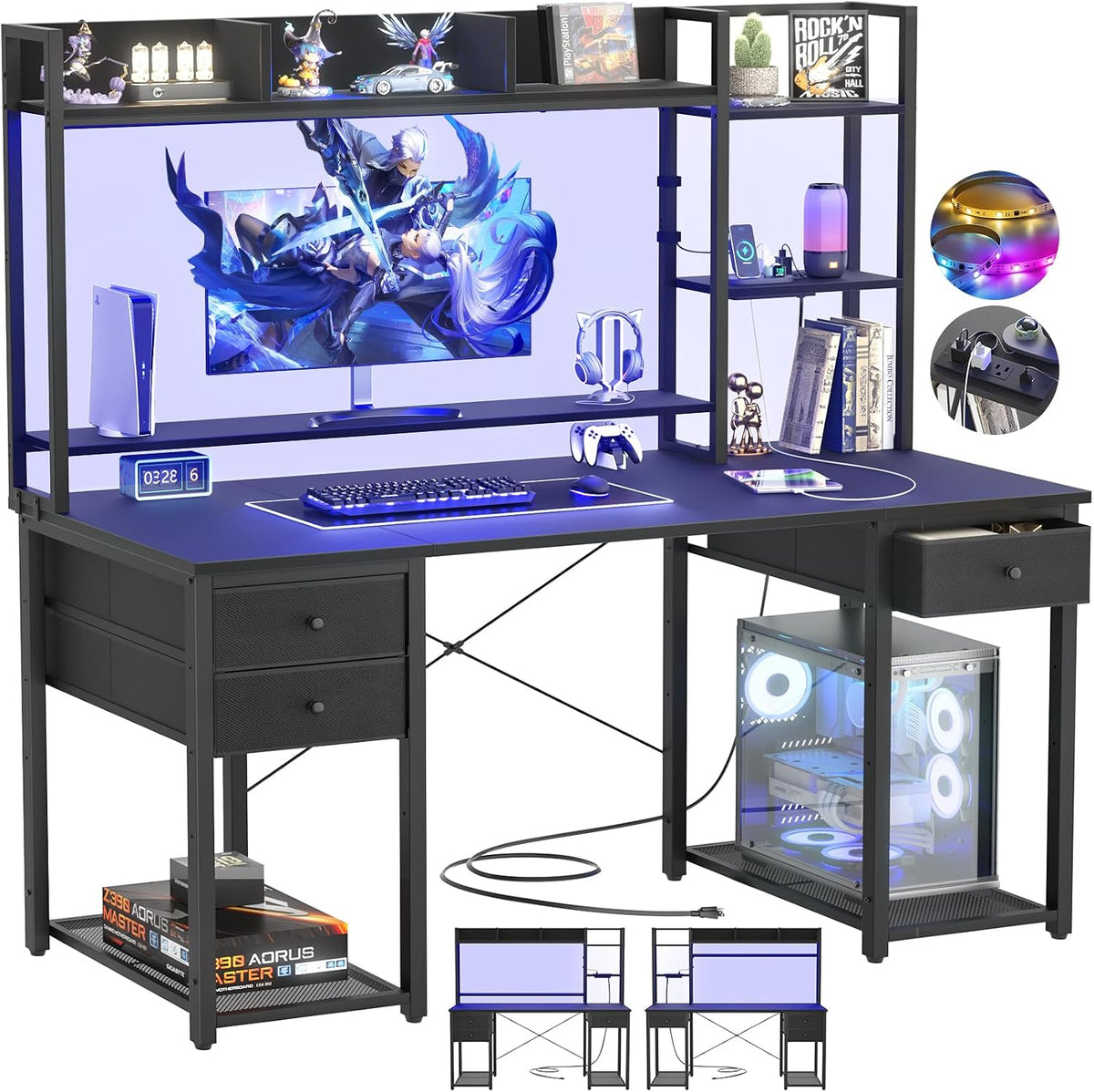 LED Gaming Desk with Hutch, 47.2'' Computer Workstation, Black