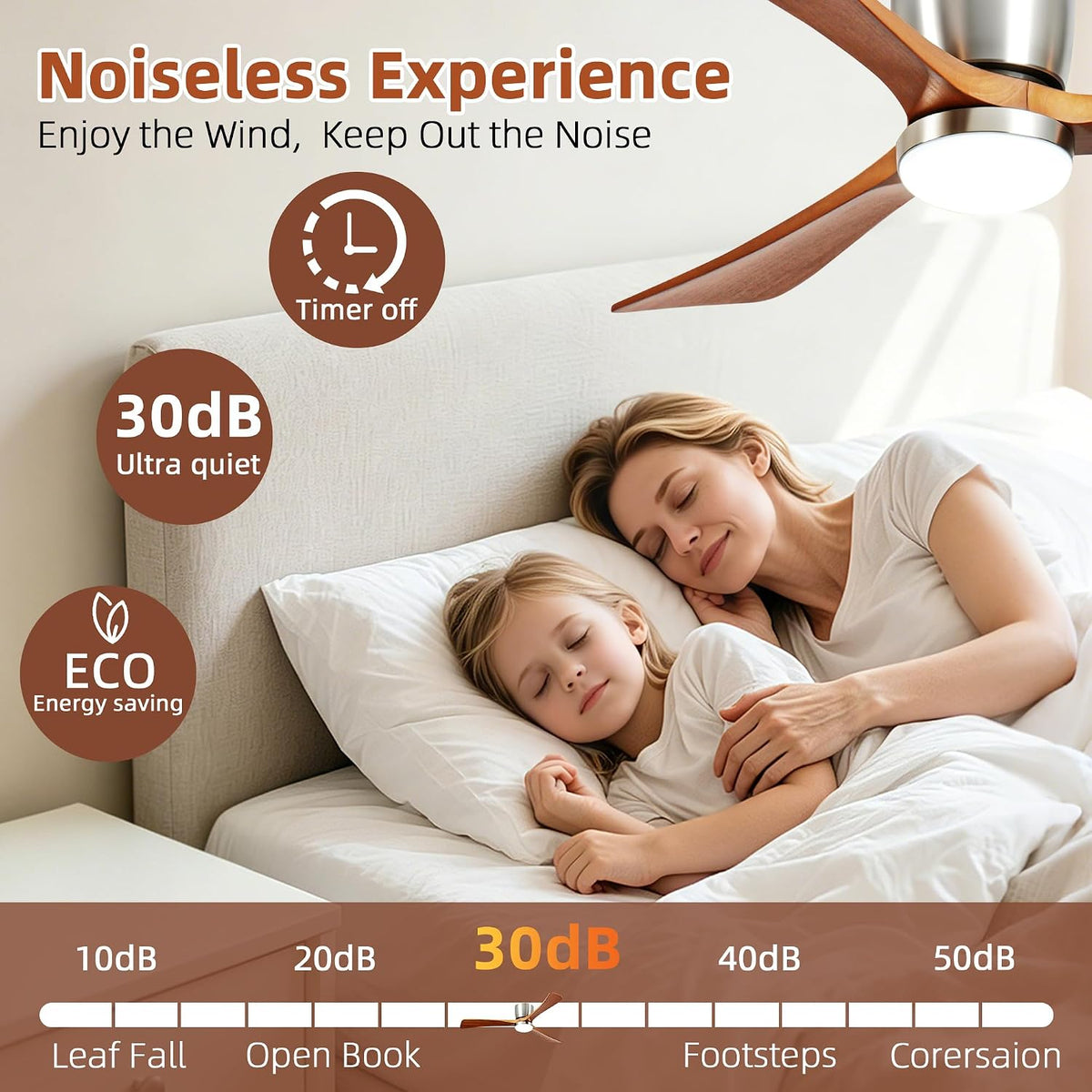 52" Modern Flush Mount Ceiling Fan with Light, 3 Wood Blades, Brushed Nickel, Dimmable LED, Remote