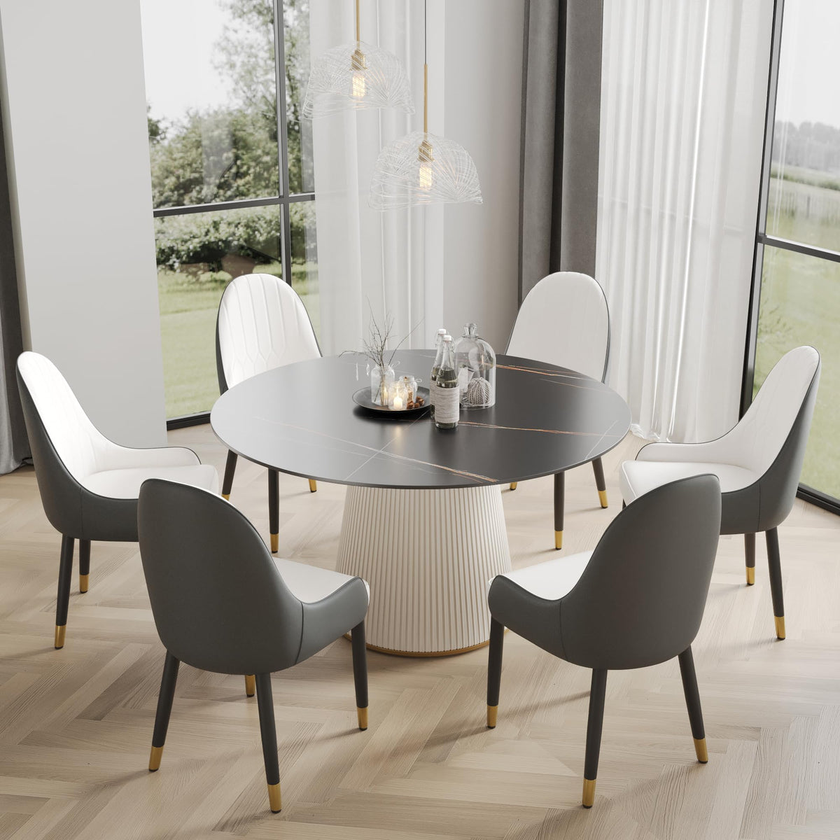 53'' Round Marble Dining Table for 4, Modern Black Sintered Stone Kitchen Dinner Table with Solid Wood Panel