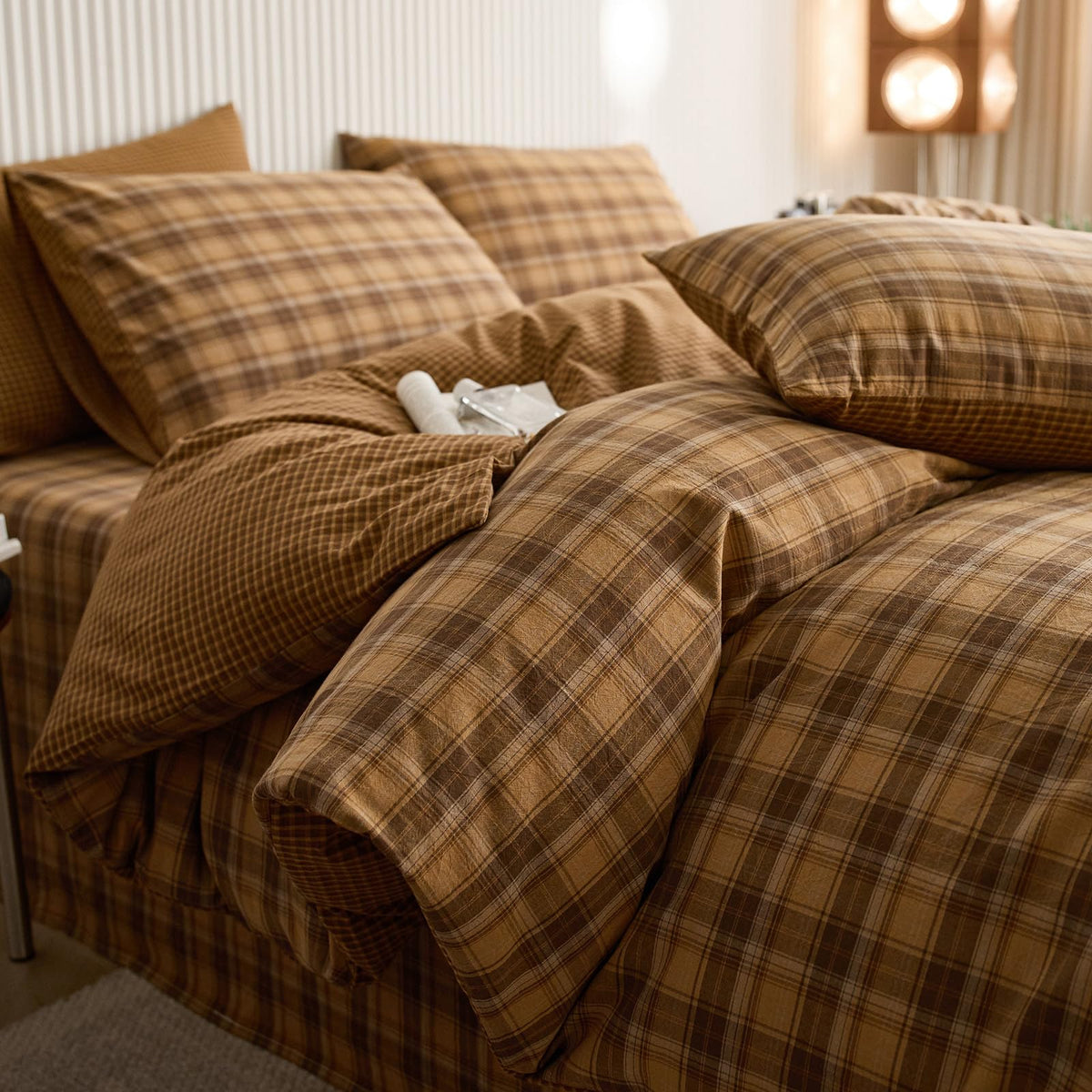 Vintage Style Mustard Yellow Plaid Duvet Cover Set, 100% Washed Cotton Retro Yellow&Brown Grid Checkered Bedding