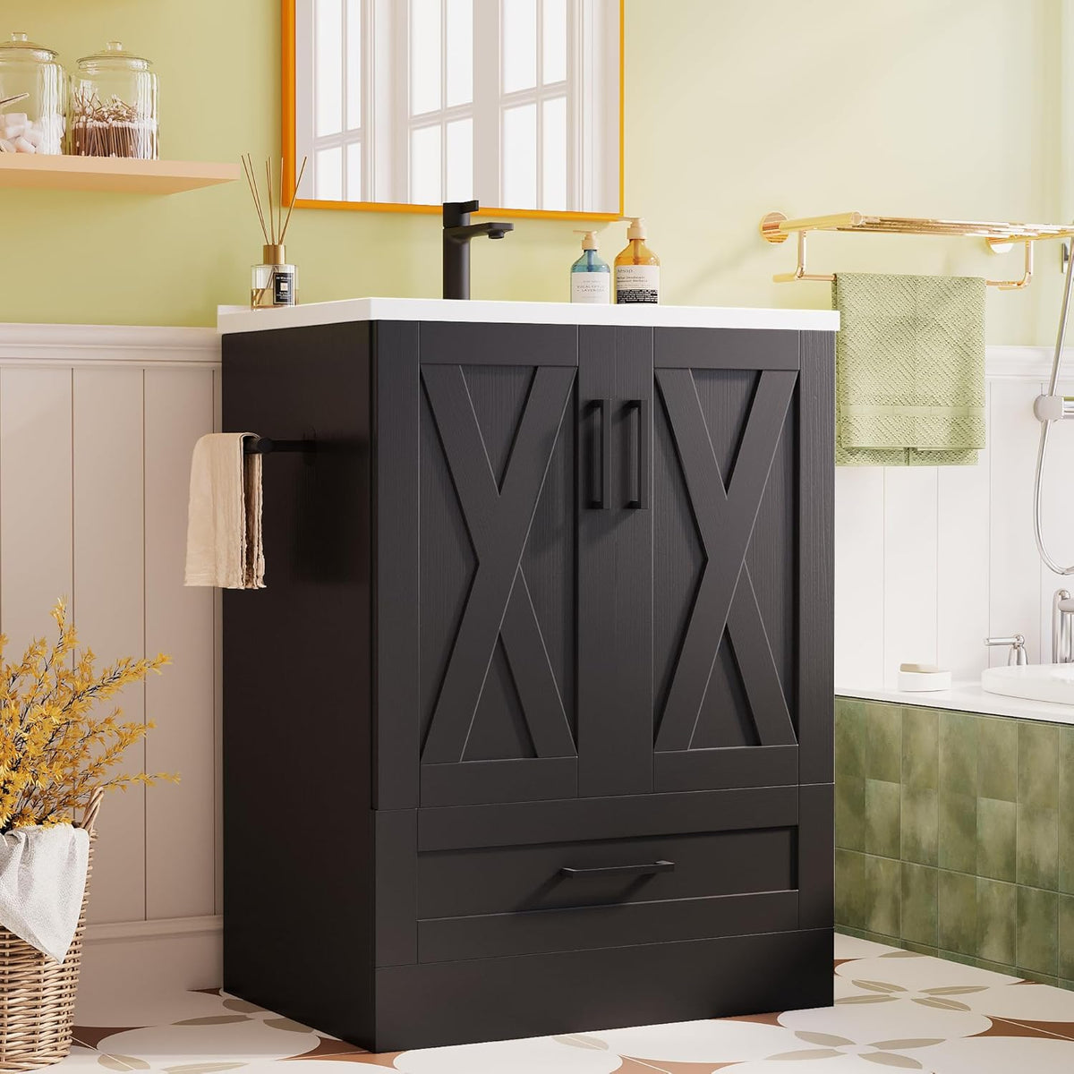 24-Inch Farmhouse Bathroom Vanity with Sink – Freestanding Wooden Cabinet with 2 Doors and 1 Drawer, Black