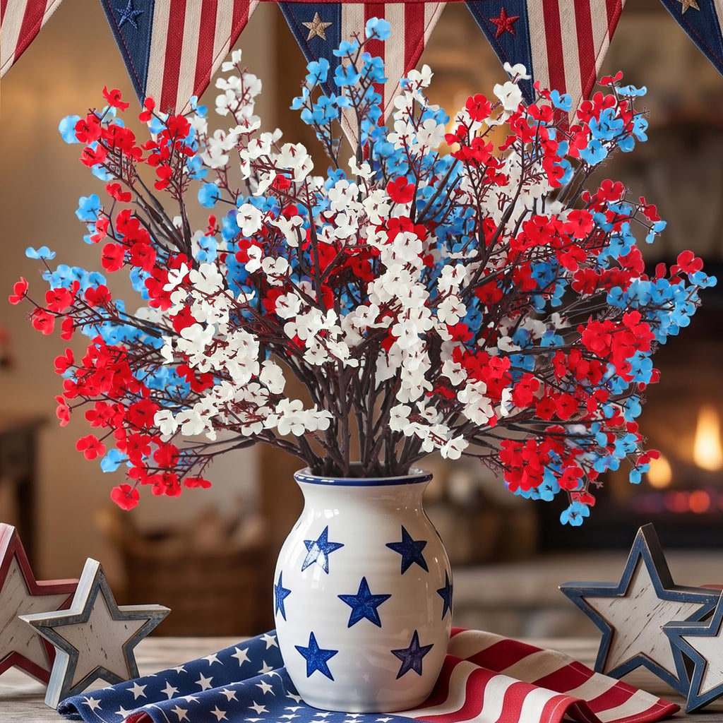 10 Pcs 4th of July Flowers Artificial Babys Breath Fake Silk Red White Blue Patriotic Flowers for Independence Day