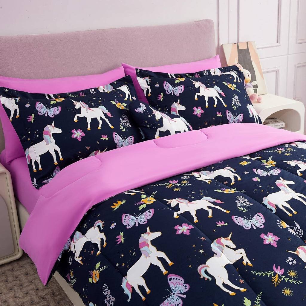 Kids Comforter Bed Set for Girls, 6 Pieces Bed in a Bag with Shams, Sheet Set, Pink Unicorn Soft Microfiber